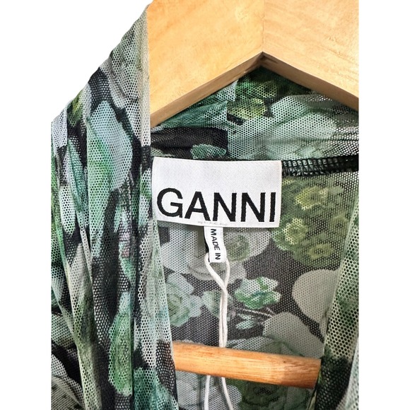 GANNI Floral Mesh Turtleneck Top kelly green Long Sleeve Size 36 - Picture 4 of 8